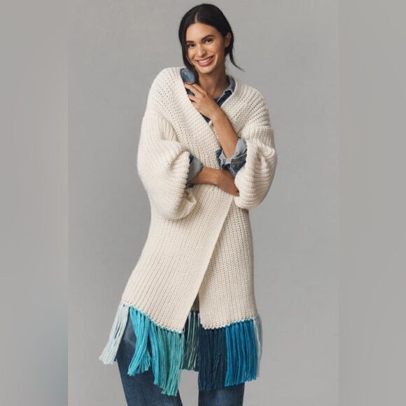 NWT By Anthropologie Long Fringe Duster Kimono Long Open Cardigan - Picture 2 of 5